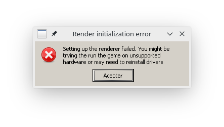 Mensaje de error en inglés. Traducido al español dice "Error al iniciar la renderización. La configuración inicial de la renderización ha fallado. Es posible que estés intentando acceder desde un dispositivo no soportado.